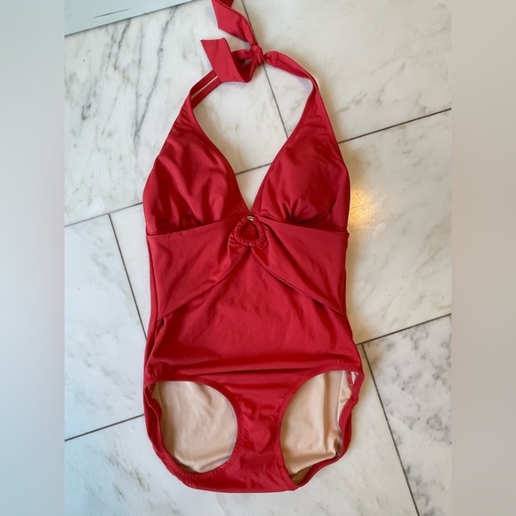 Land’s End, size 6, red orange halter deep cut full rear coverage one piece - Picture 1 of 9